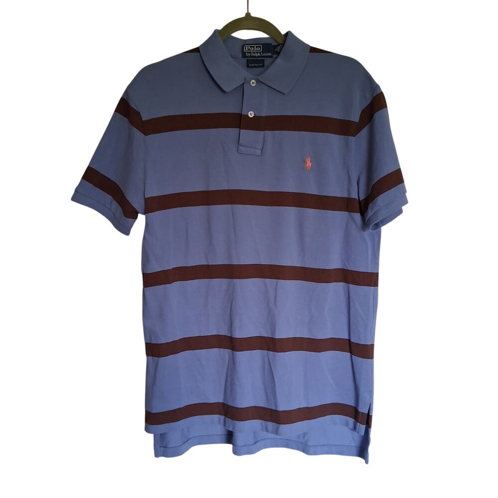 Polo Ralph Lauren Mens L Custom Fit Blue Brown Striped Polo Shirt Orange Pony